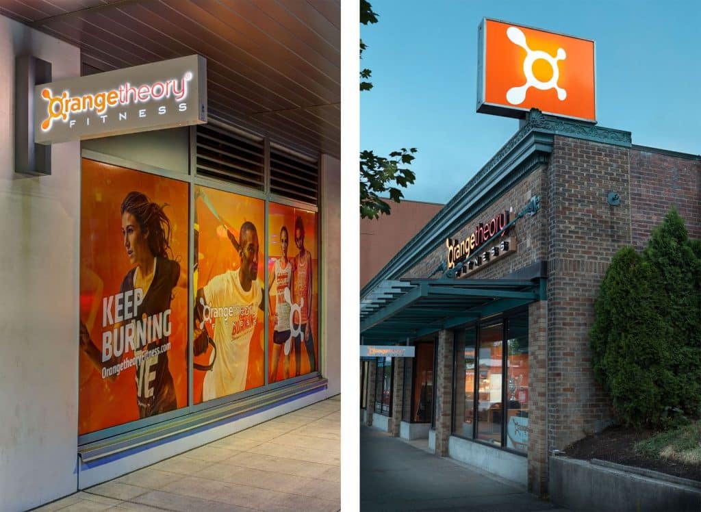 Two Orangetheory Fitness locations, featuring bright signage. The left image shows a poster with runners, and the right features an orange logo on a brick building.