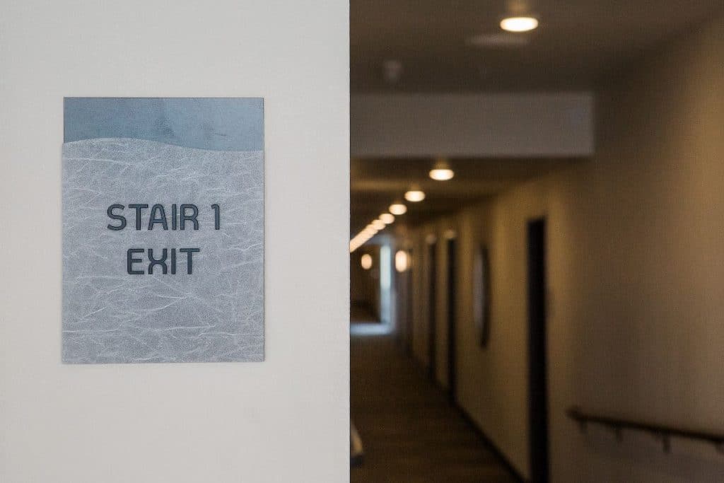 A sign reading "Stair 1 Exit" is mounted on a wall in a well-lit hallway with doors on both sides.