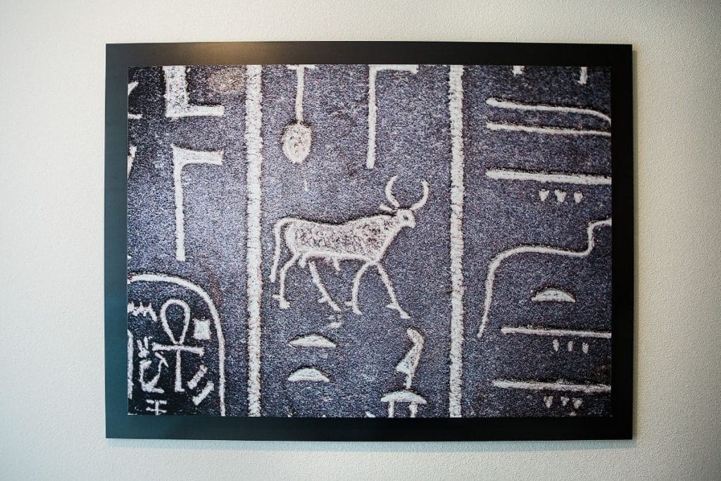 A framed artwork depicting ancient carvings of animals and symbols on a textured stone surface.