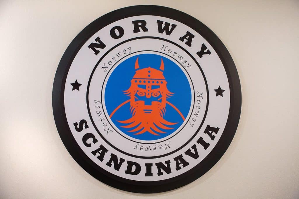 Circular logo with "Norway" and "Scandinavia" text. Central design features an orange Viking helmet and beard on a blue background.