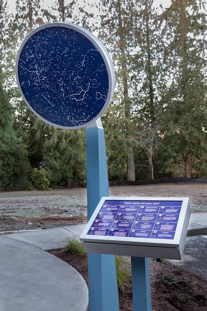 A circular star chart on a stand with an informational panel beneath it, set outdoors with trees in the background.