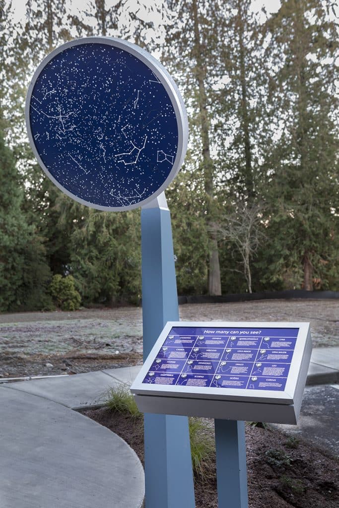 Outdoor display featuring a star map and an informational plaque on a blue stand, set in a park with trees in the background.