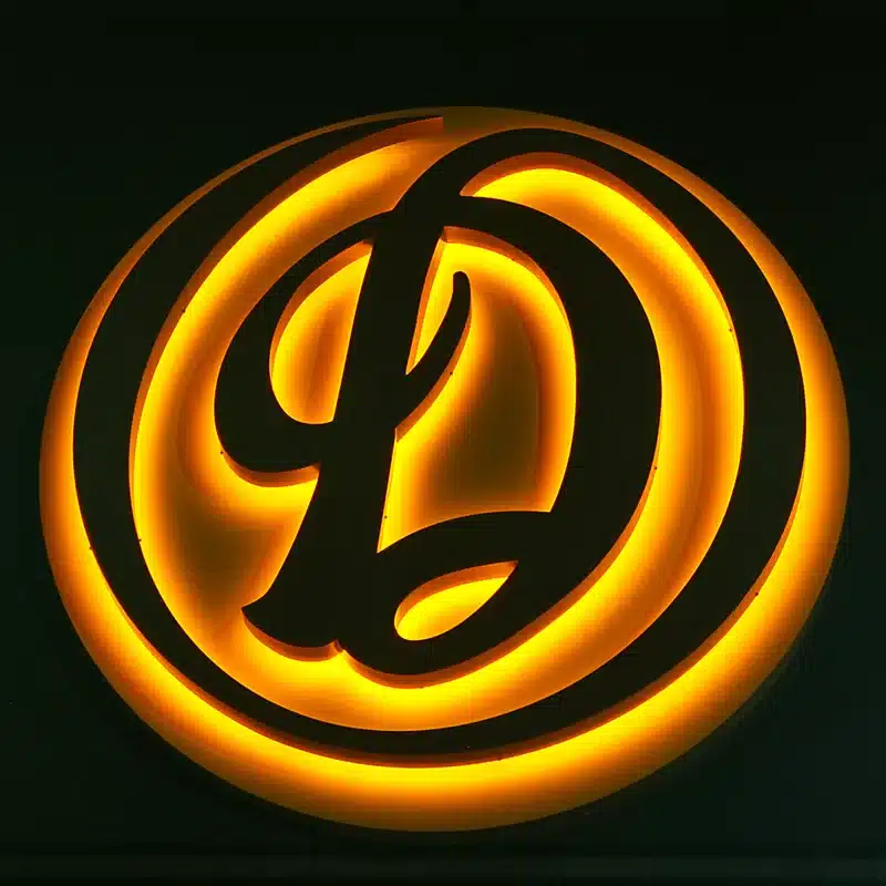 Illuminated logo featuring a stylized letter "D" in warm yellow-orange tones on a black background.